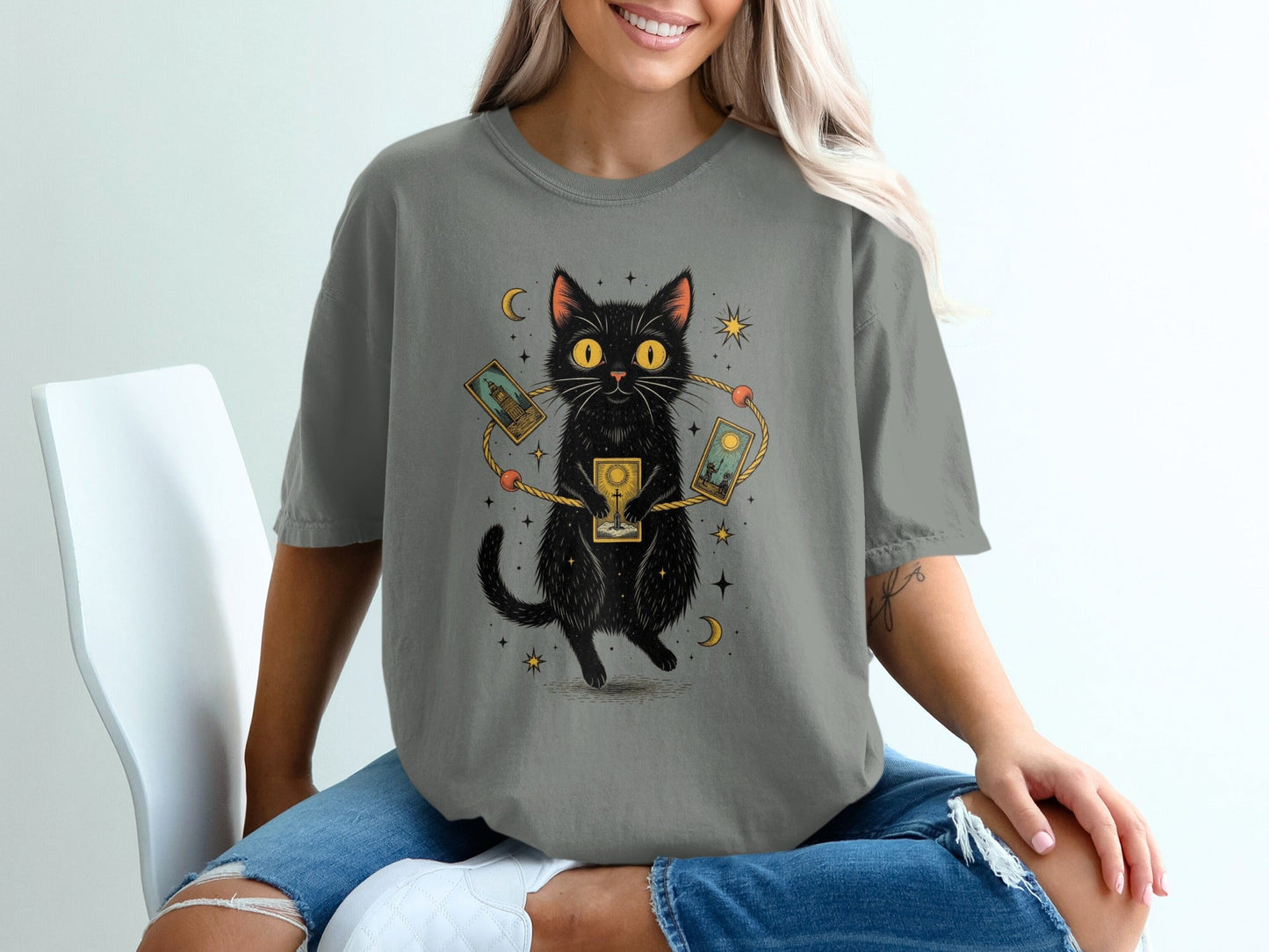 Mystical Cat with Tarot Cards Graphic Print T-Shirt - IconVexa