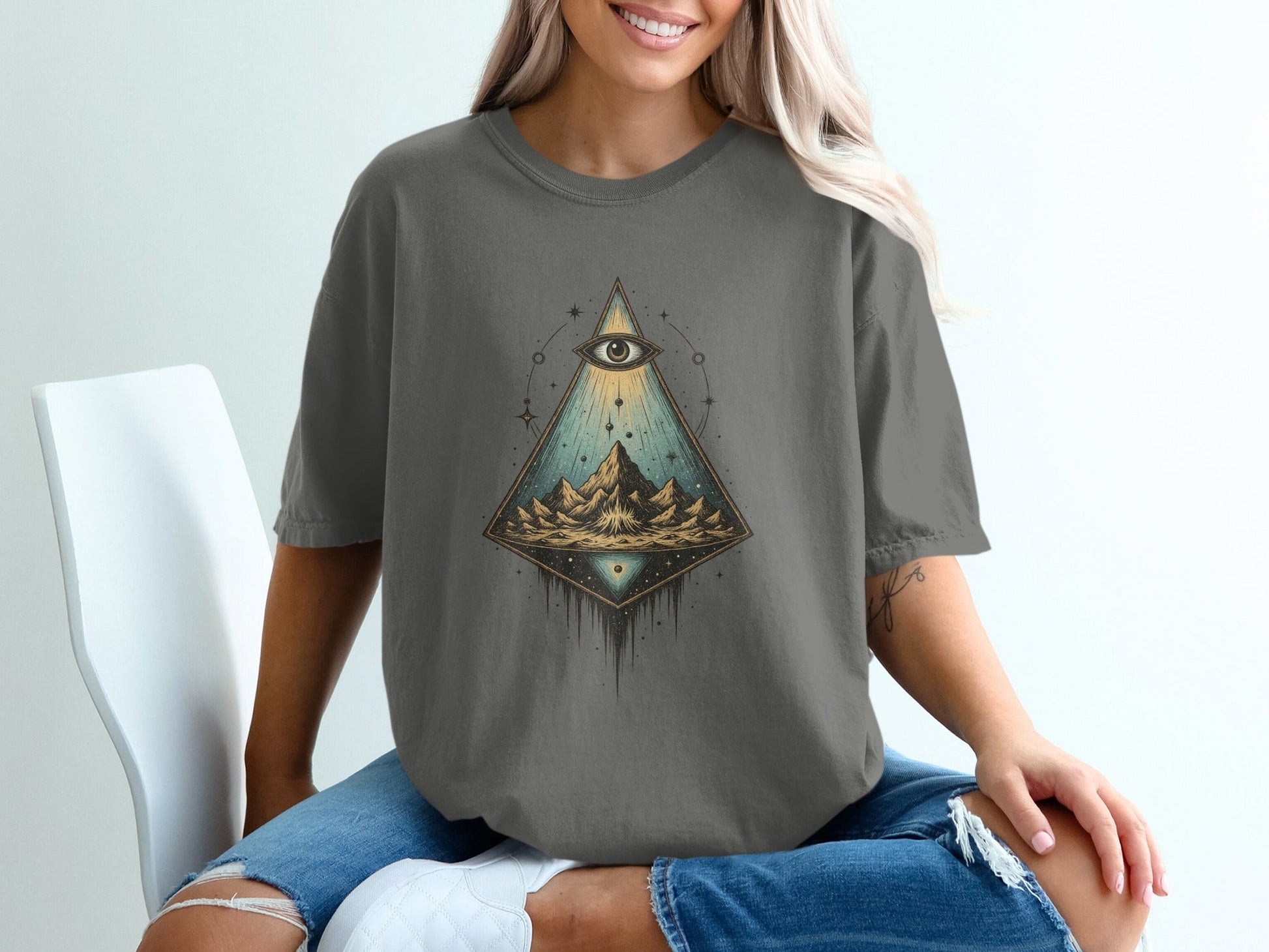 Mystical Eye Pyramid Nature Scene Graphic Artistic T-Shirt - IconVexa