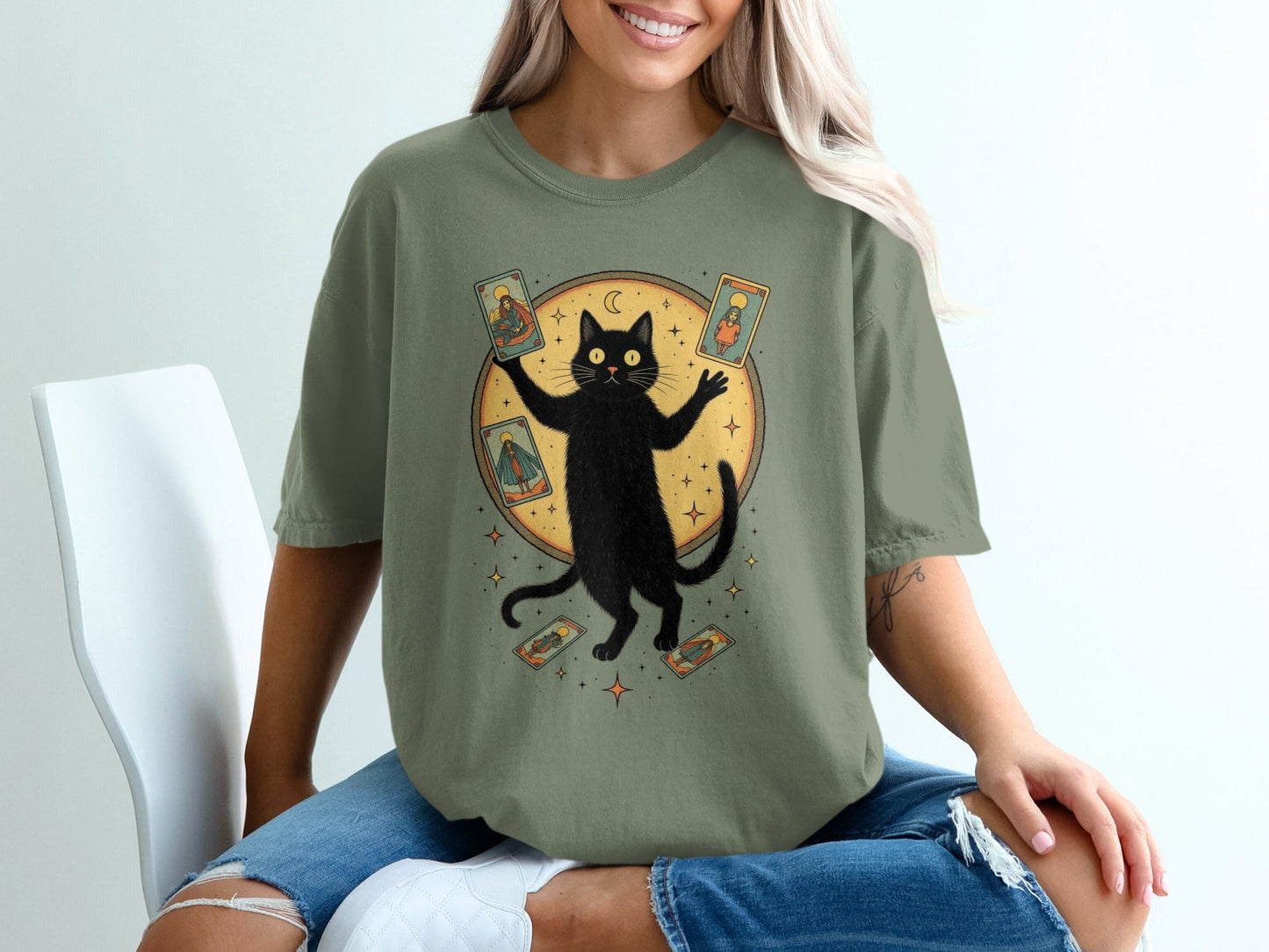 Mystical Feline Holding Tarot Cards Graphic Green T-Shirt - IconVexa