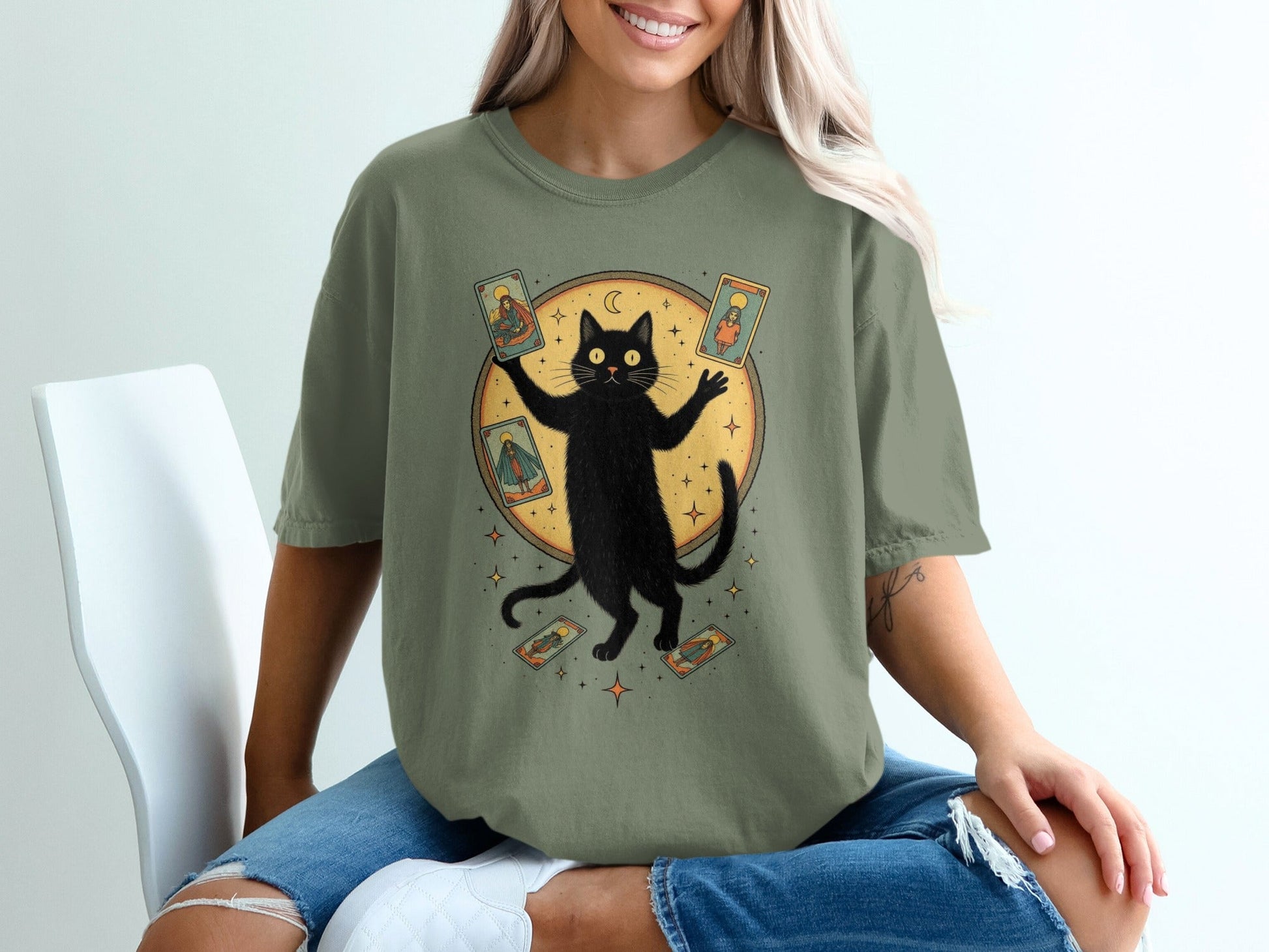 Mystical Feline Holding Tarot Cards Graphic Green T-Shirt - IconVexa