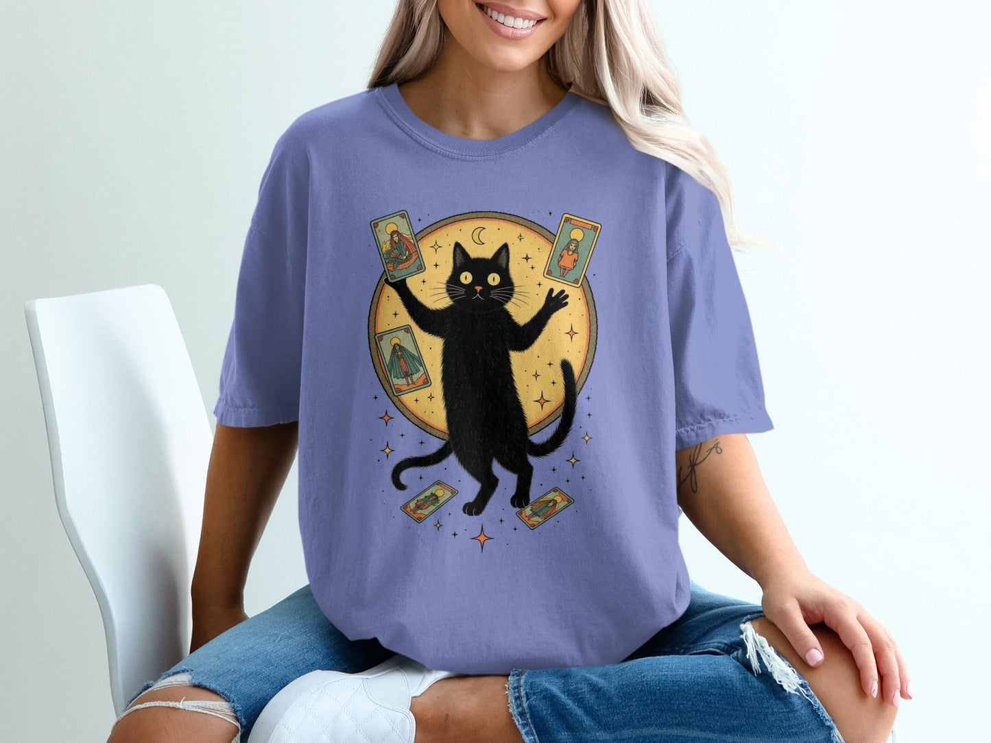 Mystical Feline Holding Tarot Cards Graphic Green T-Shirt - IconVexa