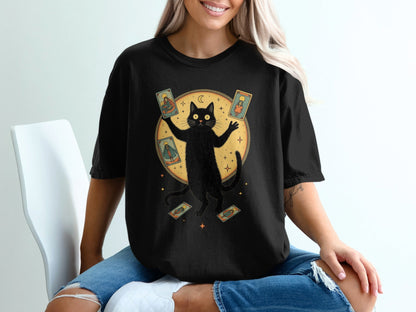 Mystical Feline Holding Tarot Cards Graphic Green T-Shirt - IconVexa