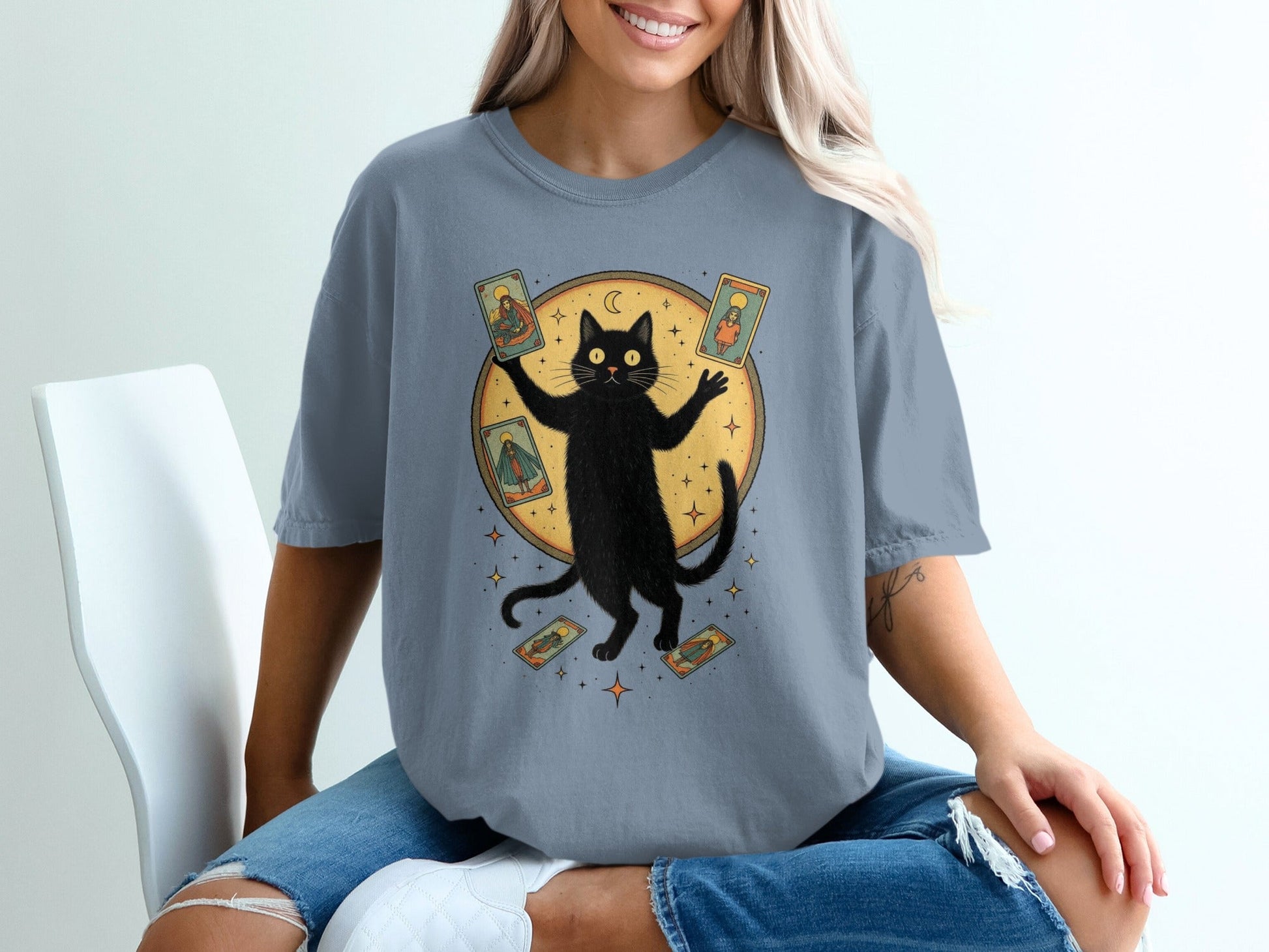 Mystical Feline Holding Tarot Cards Graphic Green T-Shirt - IconVexa