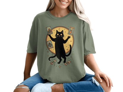 Mystical Feline Holding Tarot Cards Graphic Green T-Shirt - IconVexa