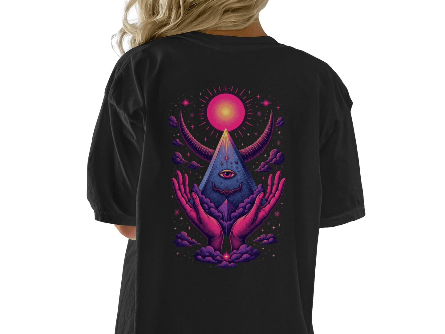 Mystical Hands With Pyramid Graphic Back Print T-Shirt - IconVexa