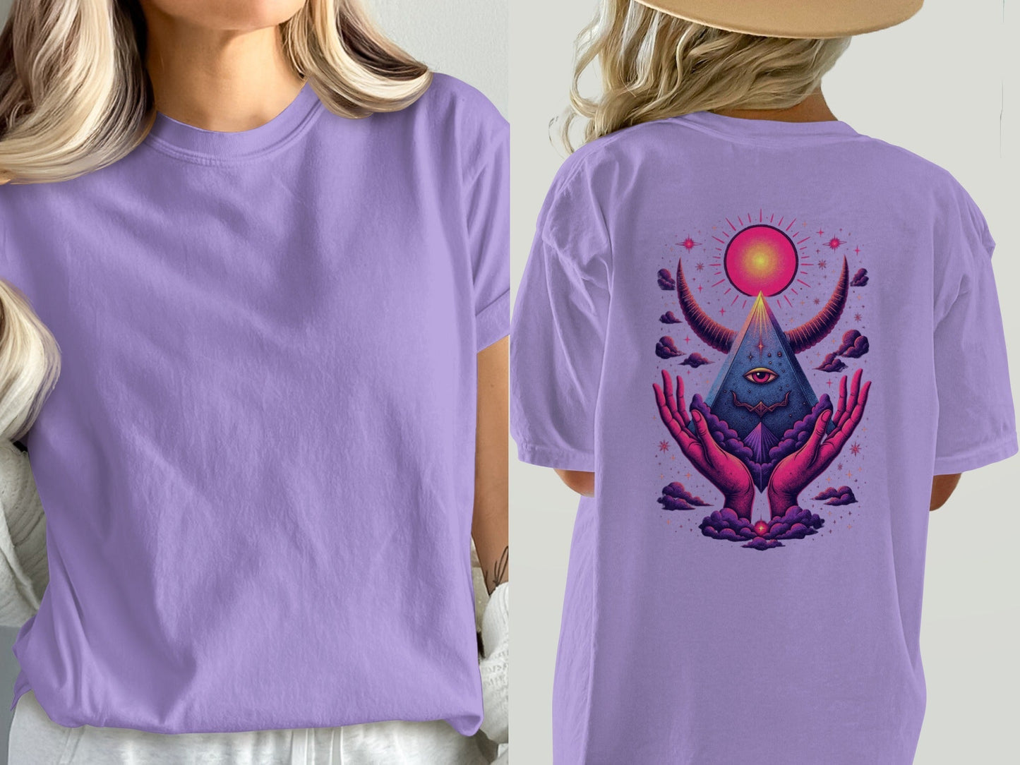 Mystical Hands With Pyramid Graphic Back Print T-Shirt - IconVexa