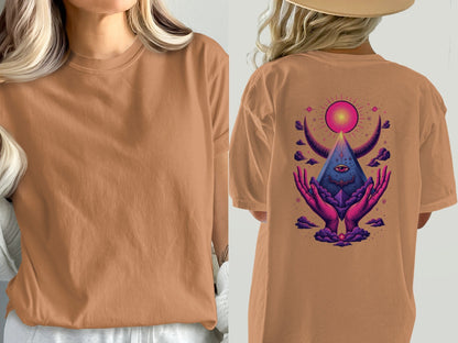 Mystical Hands With Pyramid Graphic Back Print T-Shirt - IconVexa