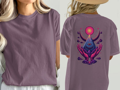 Mystical Hands With Pyramid Graphic Back Print T-Shirt - IconVexa