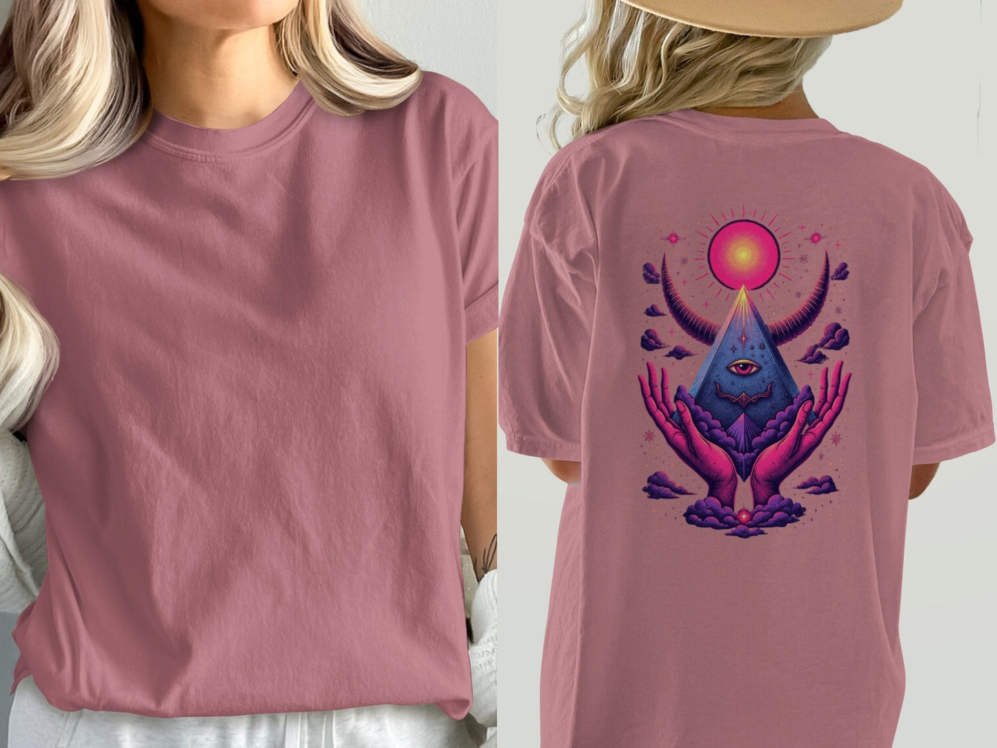 Mystical Hands With Pyramid Graphic Back Print T-Shirt - IconVexa