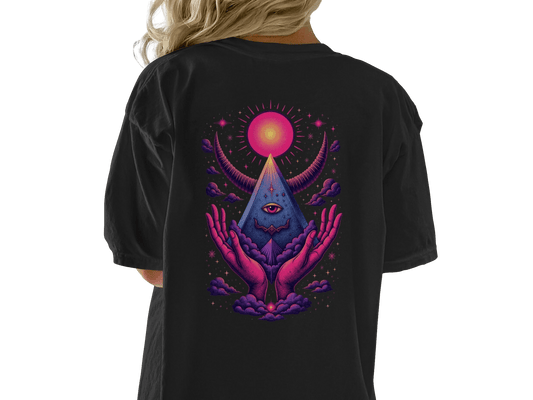 Mystical Hands With Pyramid Graphic Back Print T-Shirt - IconVexa