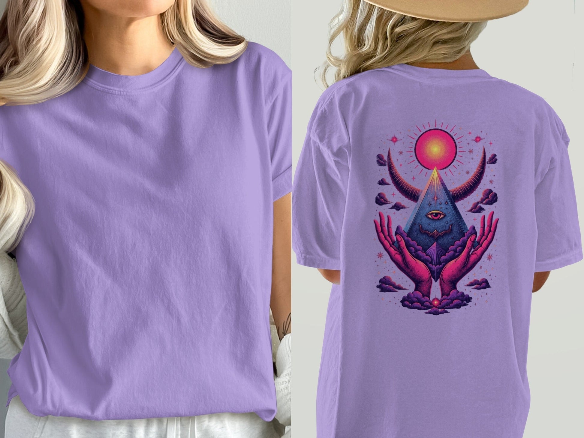 Mystical Hands With Pyramid Graphic Back Print T-Shirt - IconVexa