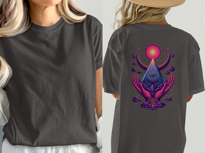 Mystical Hands With Pyramid Graphic Back Print T-Shirt - IconVexa