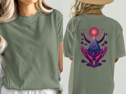 Mystical Hands With Pyramid Graphic Back Print T-Shirt - IconVexa