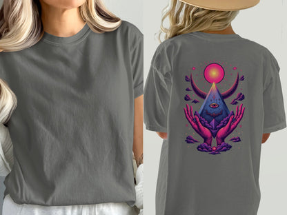 Mystical Hands With Pyramid Graphic Back Print T-Shirt - IconVexa