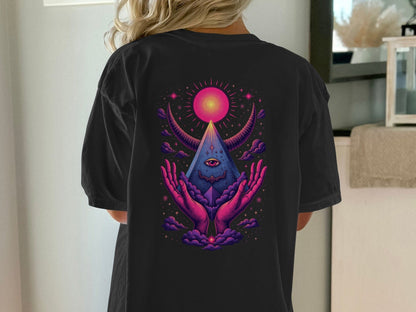 Mystical Hands With Pyramid Graphic Back Print T-Shirt - IconVexa