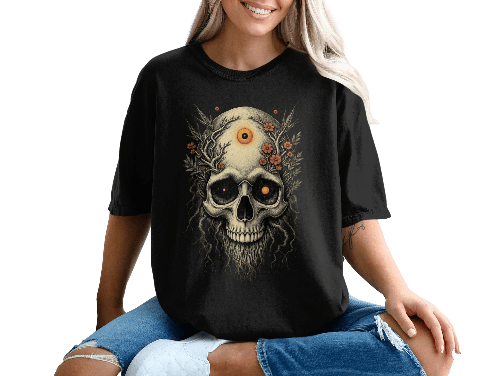 Mystical Skull with Flowers for a Unique Style T-Shirt - IconVexa
