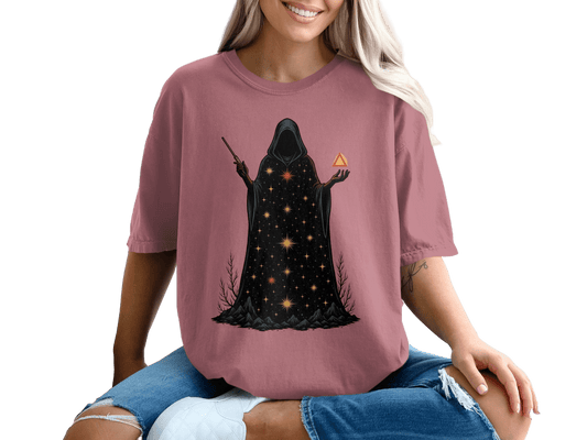 Mystical Wizard With Starry Robe Graphic Design T-Shirt - IconVexa