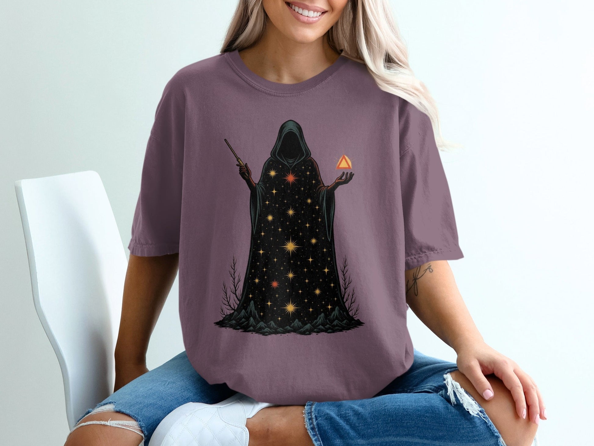 Mystical Wizard With Starry Robe Graphic Design T-Shirt - IconVexa