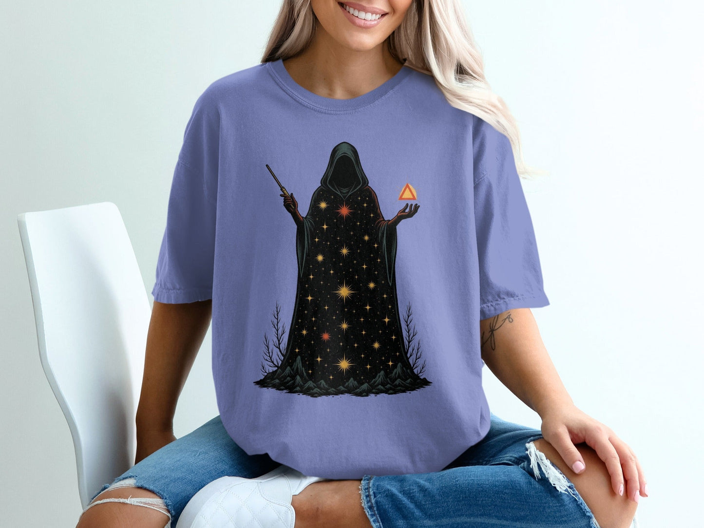 Mystical Wizard With Starry Robe Graphic Design T-Shirt - IconVexa