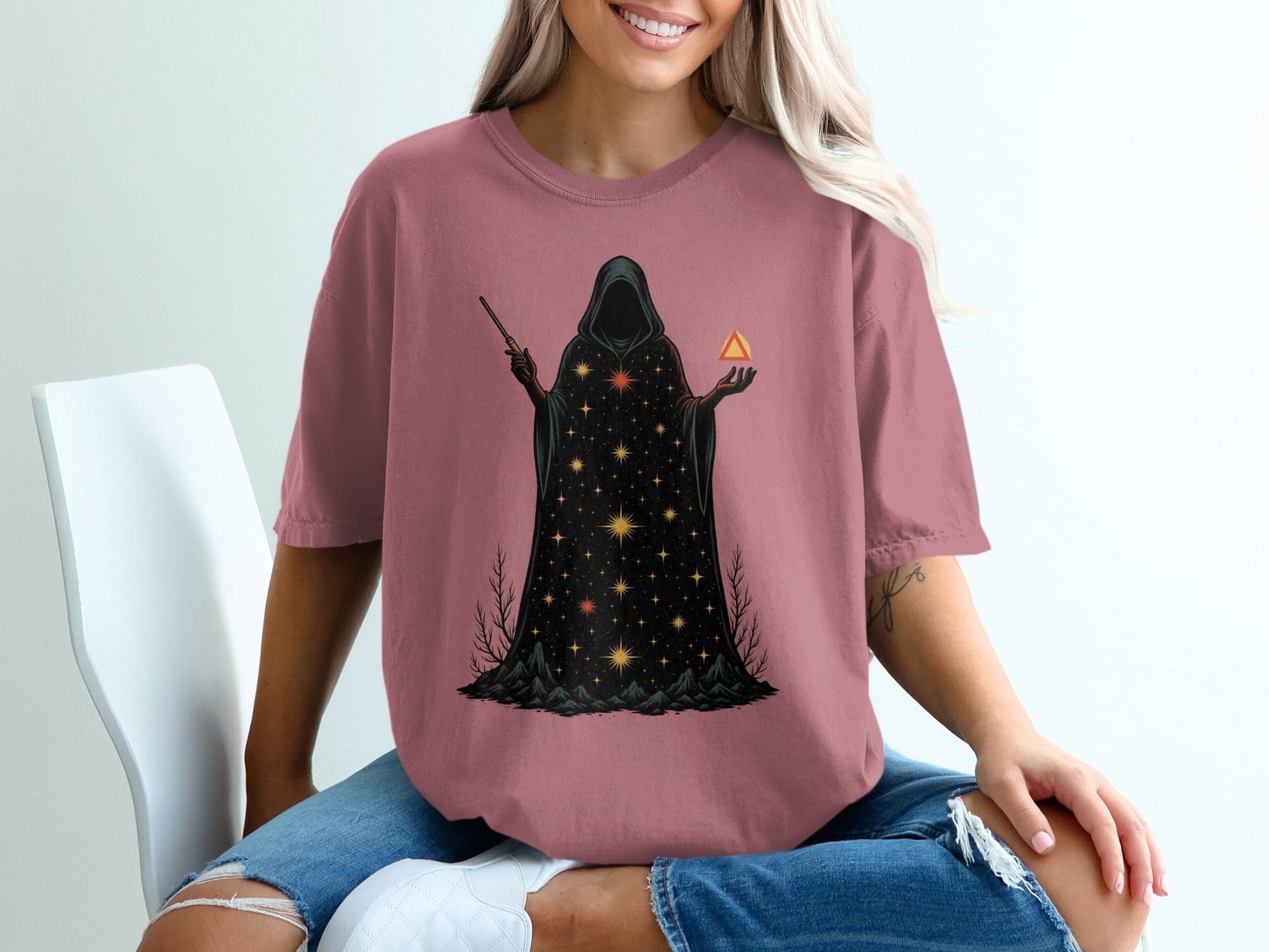 Mystical Wizard With Starry Robe Graphic Design T-Shirt - IconVexa