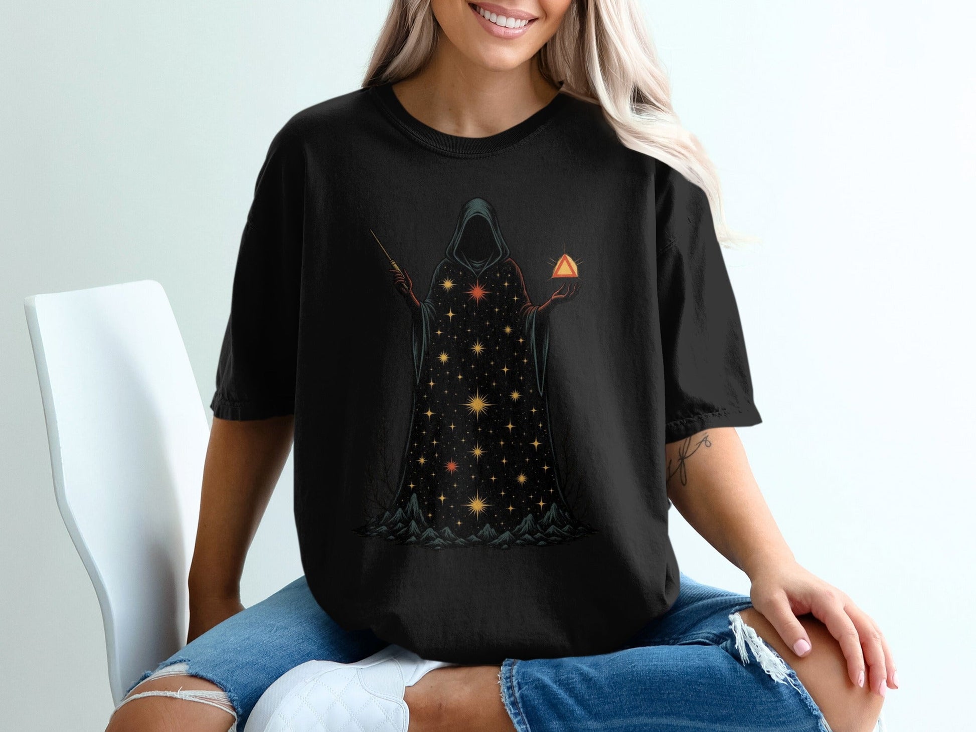 Mystical Wizard With Starry Robe Graphic Design T-Shirt - IconVexa