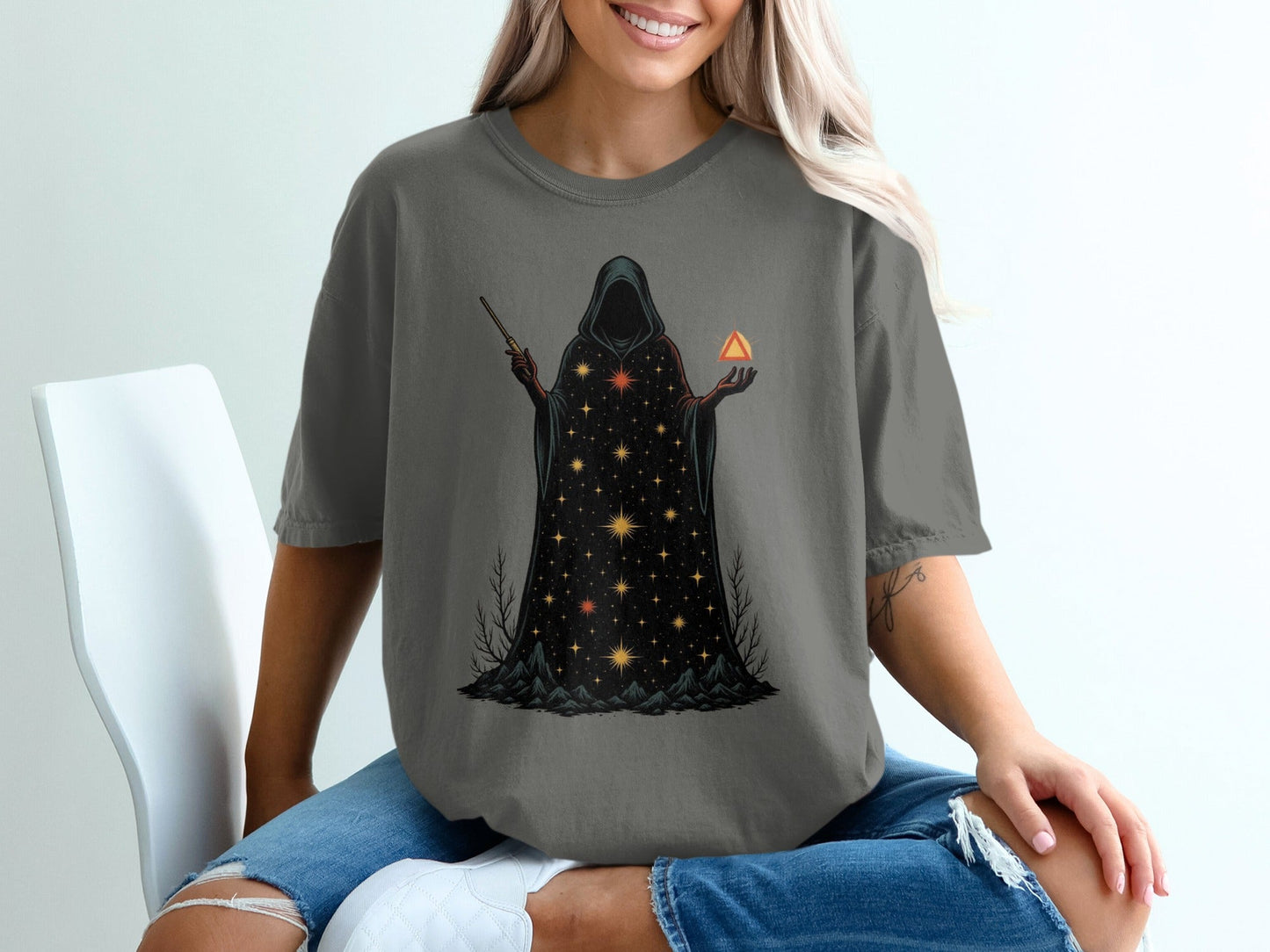 Mystical Wizard With Starry Robe Graphic Design T-Shirt - IconVexa