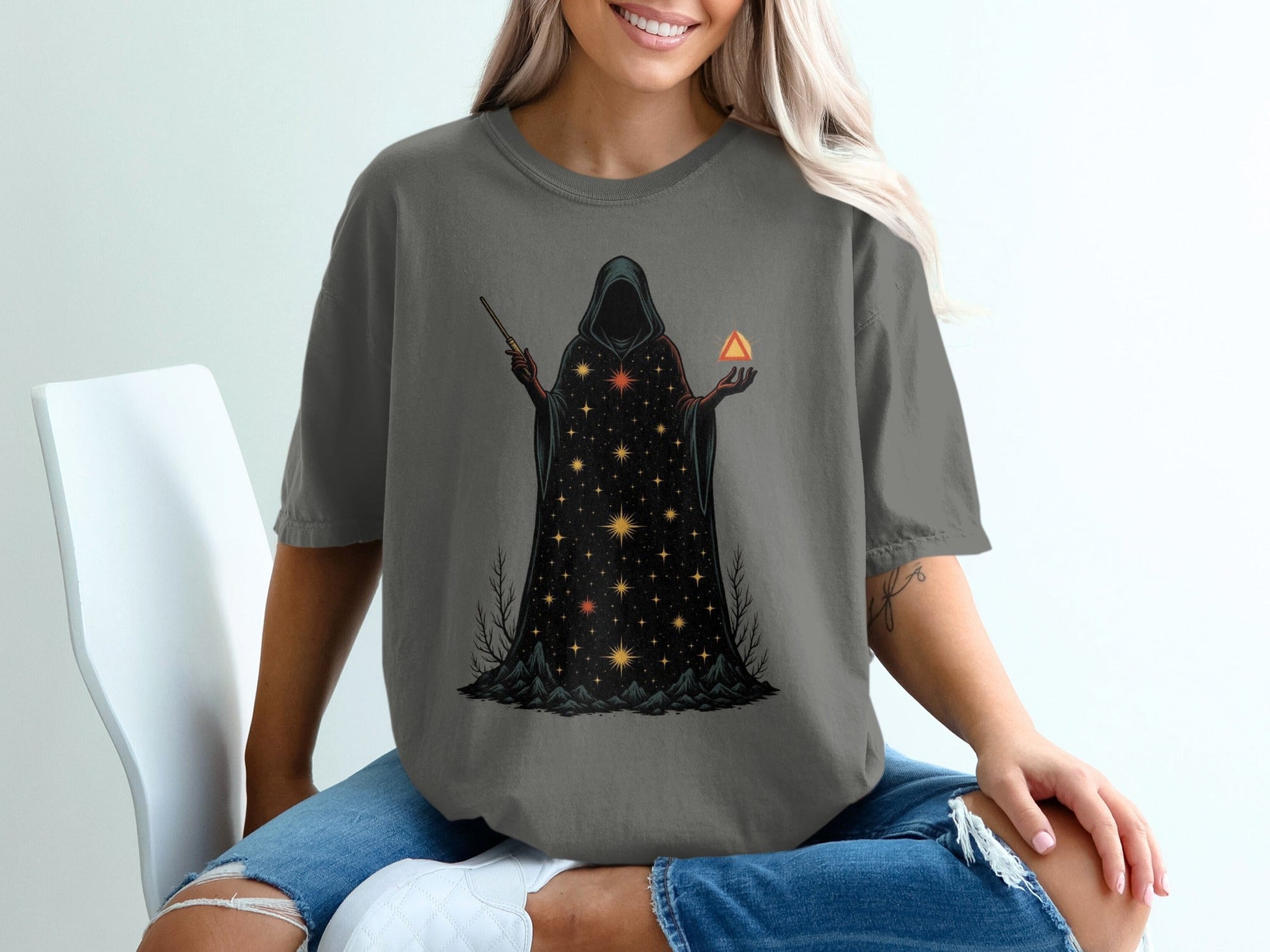 Mystical Wizard With Starry Robe Graphic Design T-Shirt - IconVexa