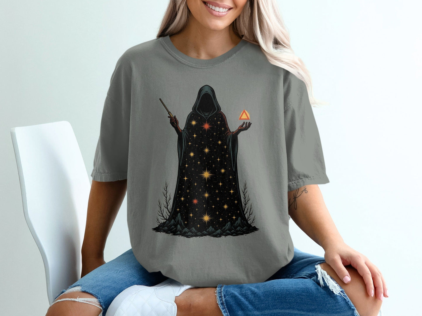 Mystical Wizard With Starry Robe Graphic Design T-Shirt - IconVexa