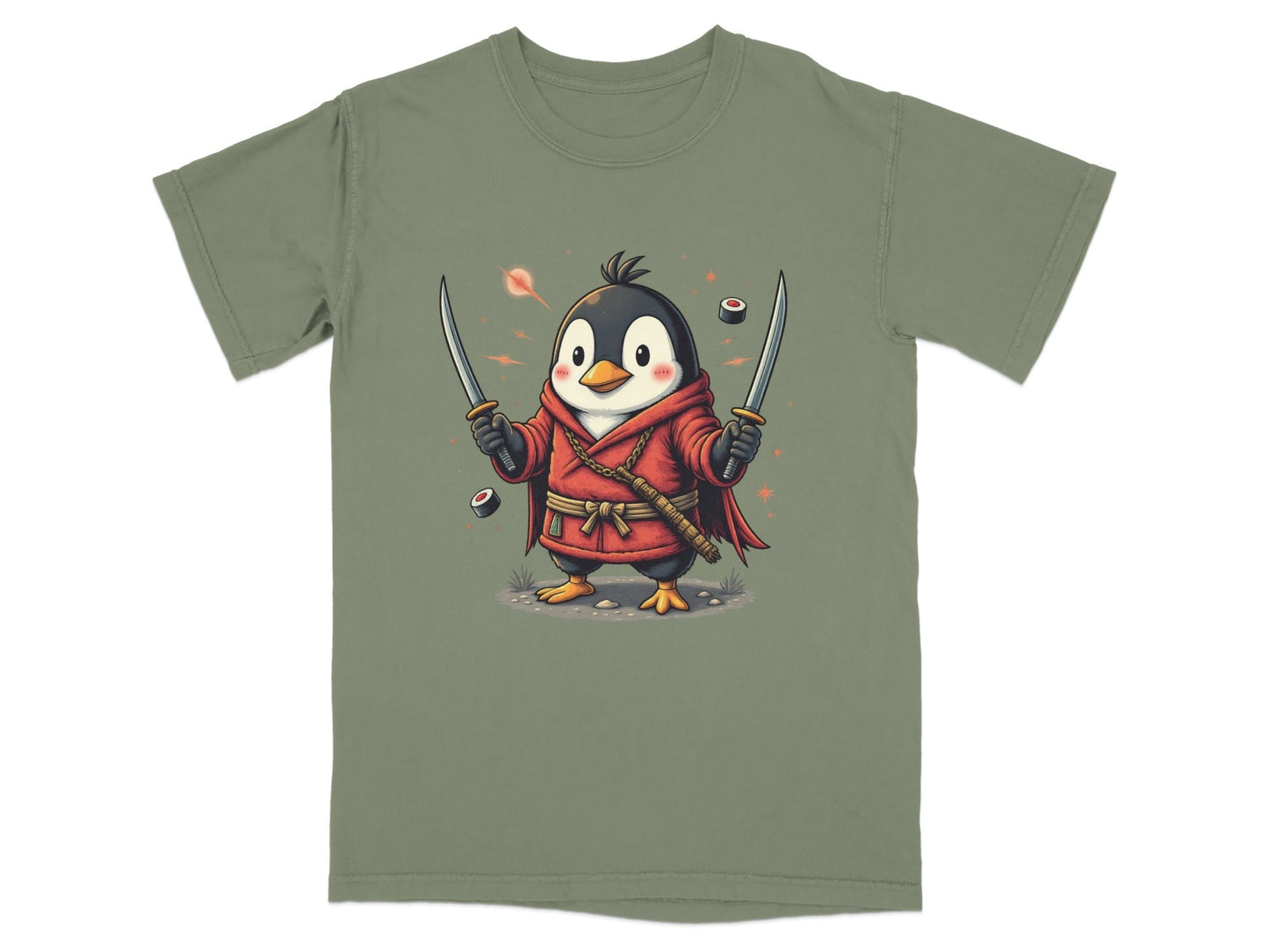 Ninja Penguin Samurai Duel Swords Action Cute Graphic T-Shirt - IconVexa