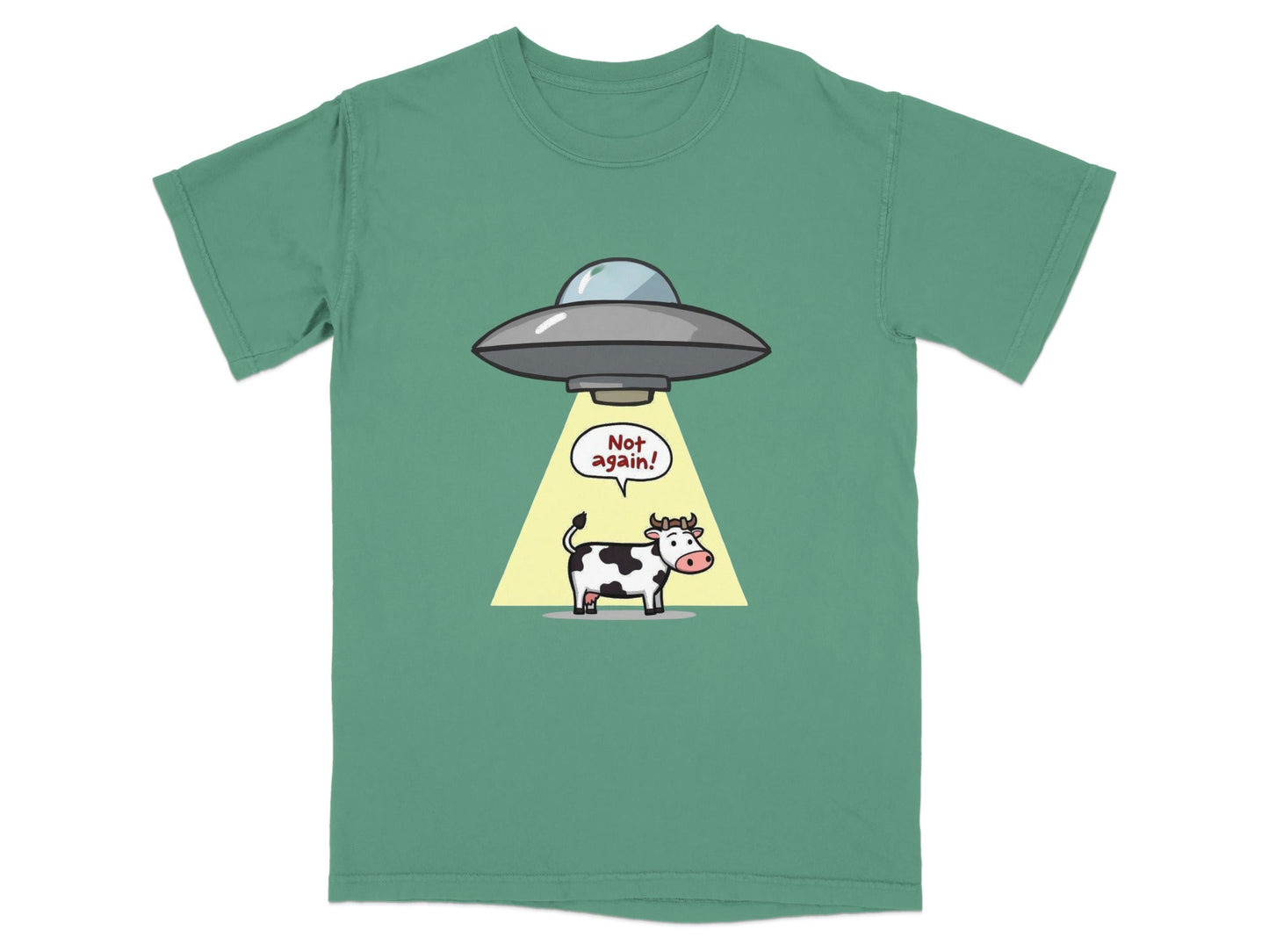 Funny cartoon t-shirt featuring a cow being abducted by a UFO with 'Not again!' text, perfect for sci-fi enthusiasts.