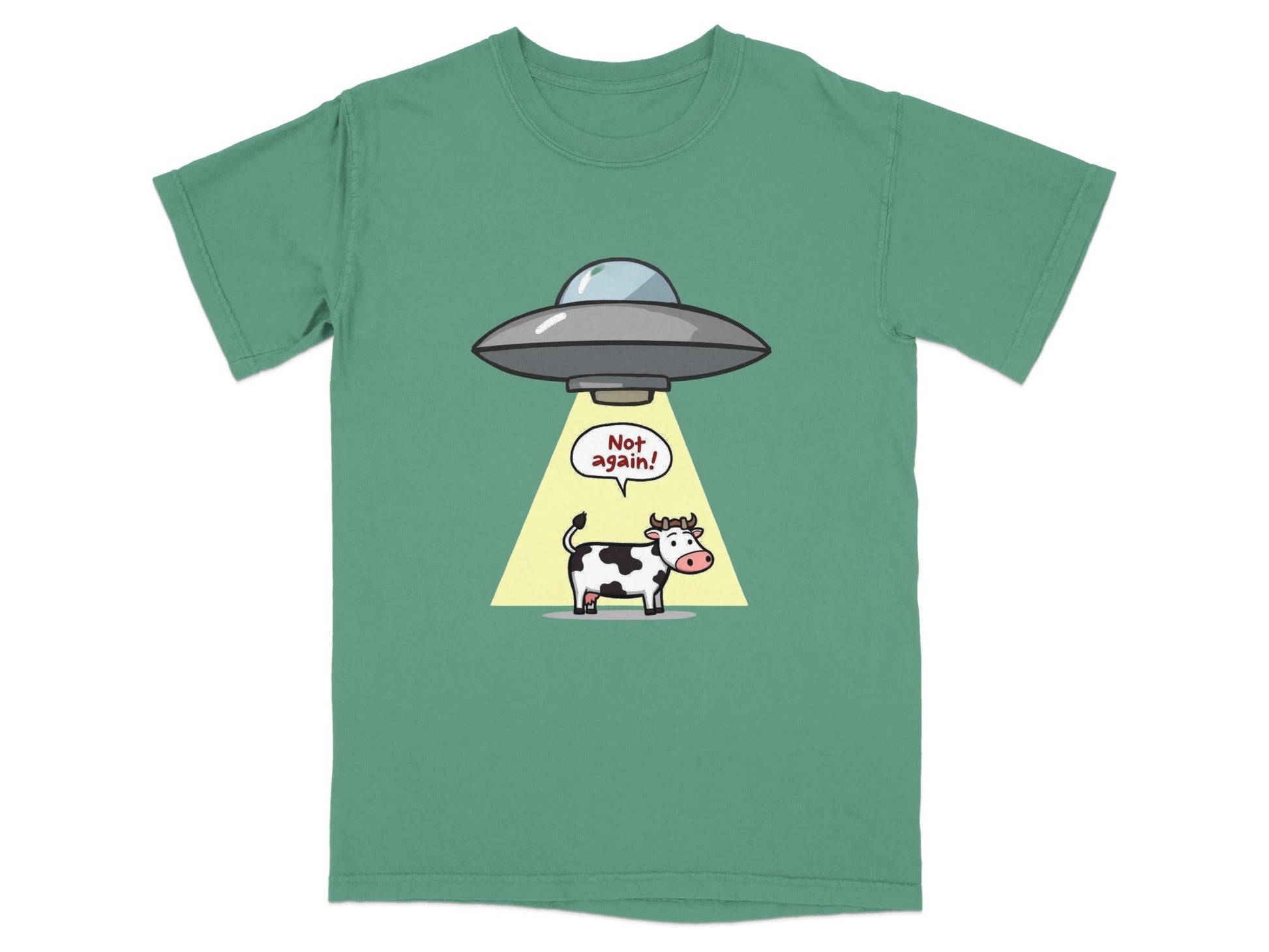 Funny cartoon t-shirt featuring a cow being abducted by a UFO with 'Not again!' text, perfect for sci-fi enthusiasts.