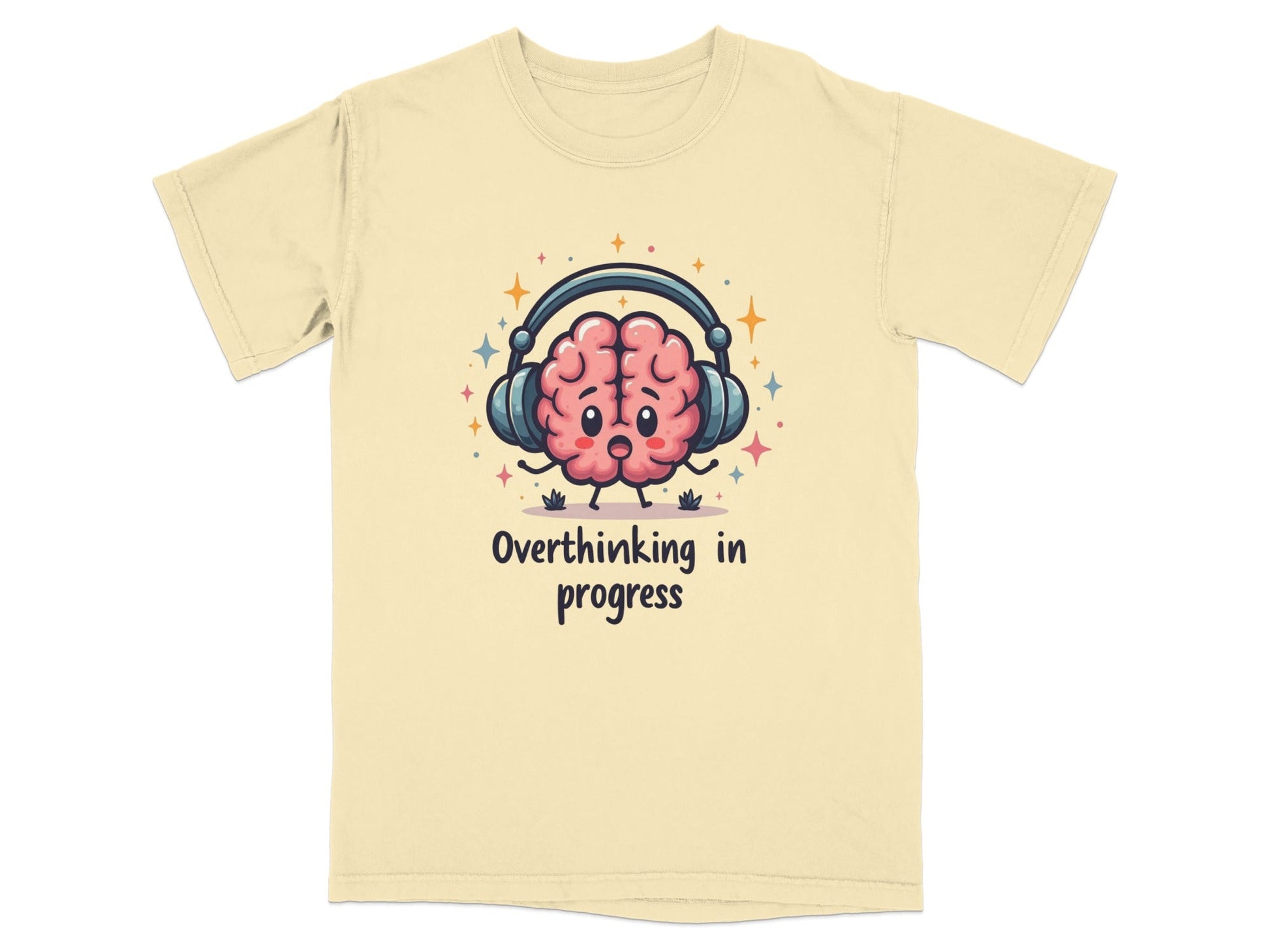 Overthinking in Progress Brain with Headphones Trendy Tee - Shirt - IconVexa
