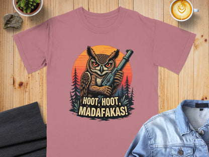 Owl T-Shirt, Funny Owl Tee, Bird T Shirt, Hoot Hoot Madafakas, Bird Lover Gift, Owl With Gun Shirt, Animal Tee, Cool Owl Design - IconVexa