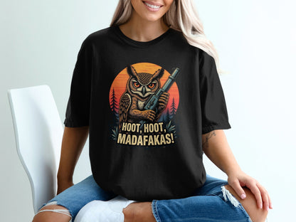 Owl T-Shirt, Funny Owl Tee, Bird T Shirt, Hoot Hoot Madafakas, Bird Lover Gift, Owl With Gun Shirt, Animal Tee, Cool Owl Design - IconVexa