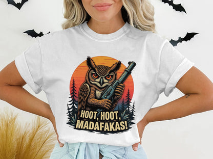Owl T-Shirt, Funny Owl Tee, Bird T Shirt, Hoot Hoot Madafakas, Bird Lover Gift, Owl With Gun Shirt, Animal Tee, Cool Owl Design - IconVexa