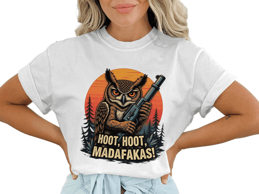 Owl T-Shirt, Funny Owl Tee, Bird T Shirt, Hoot Hoot Madafakas, Bird Lover Gift, Owl With Gun Shirt, Animal Tee, Cool Owl Design - IconVexa