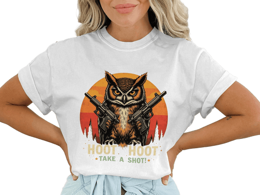 Owl T-Shirt, Hoot Hoot Take A Shot Tee, Animal Graphic Shirt, Bird Lover Gift, Funny Gun Shirt, Unique Design, Wildlife T-Shirt, Novelty Tee - IconVexa