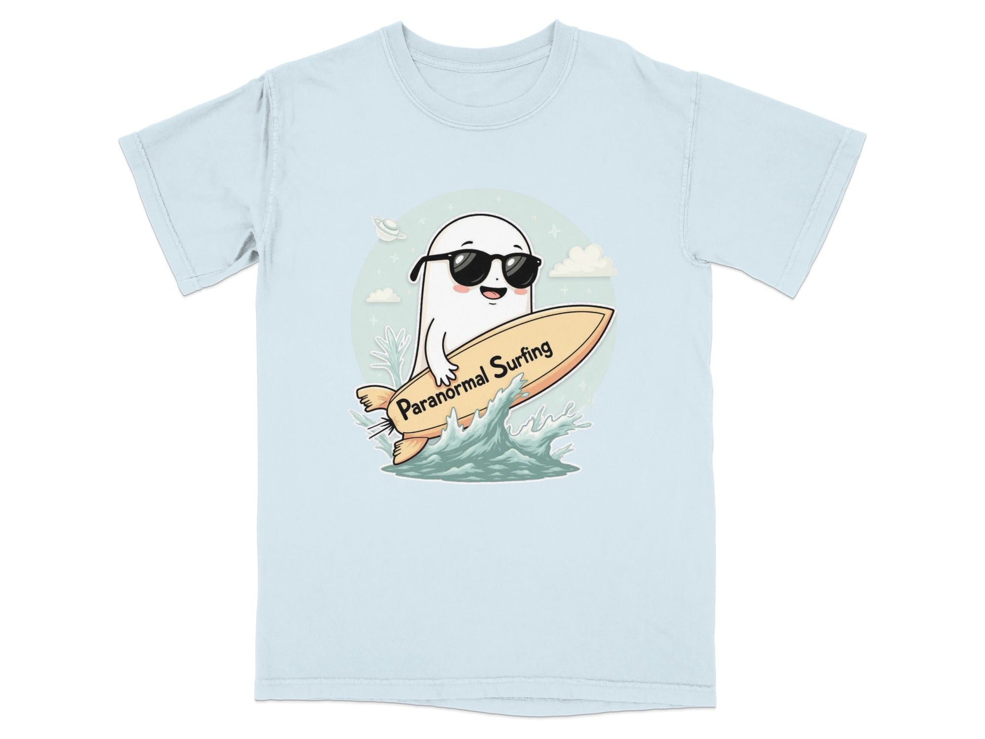 Paranormal Surfing Ghost with Sunglasses Graphic Tee Shirt - IconVexa