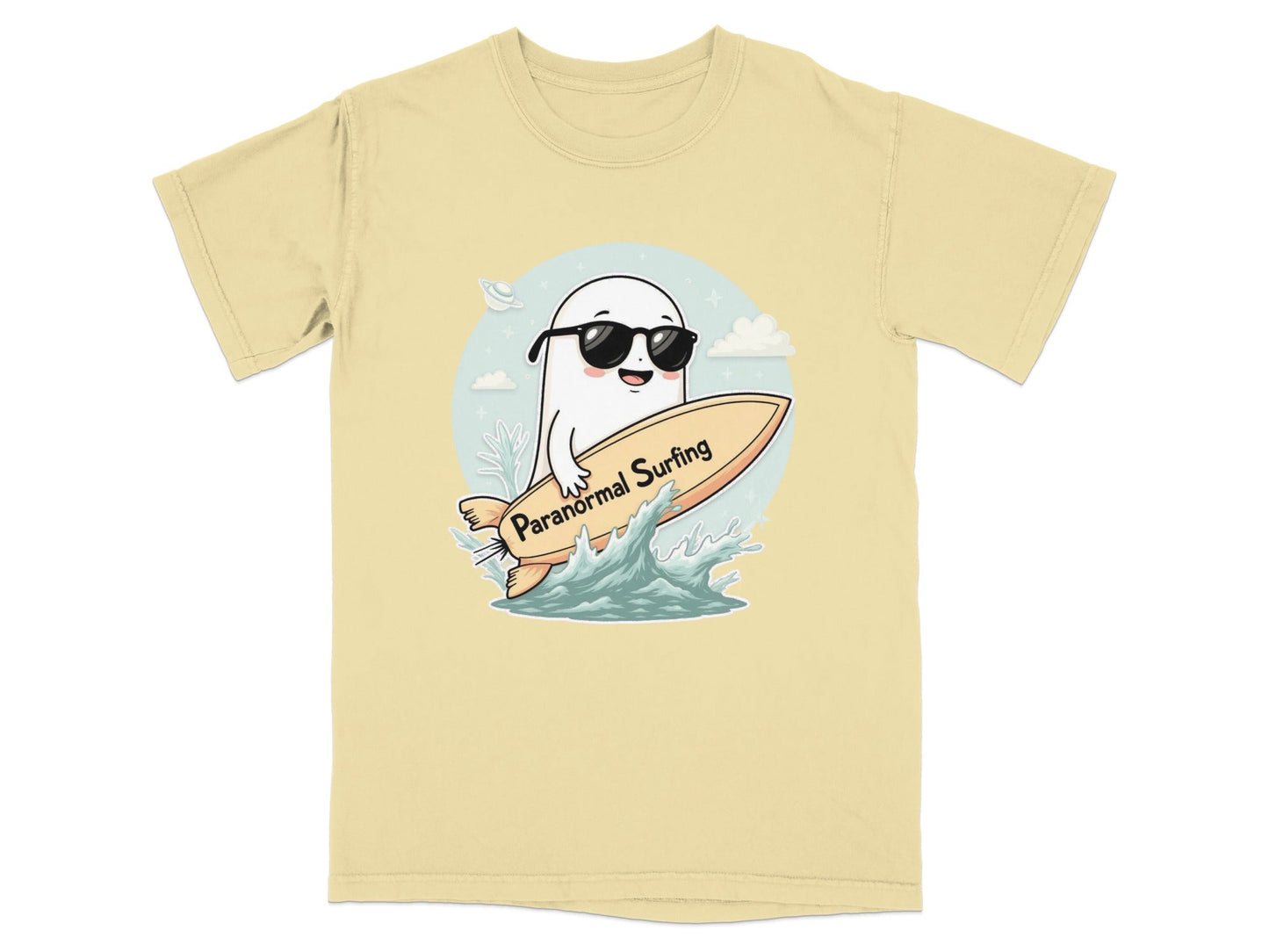 Paranormal Surfing Ghost with Sunglasses Graphic Tee Shirt - IconVexa