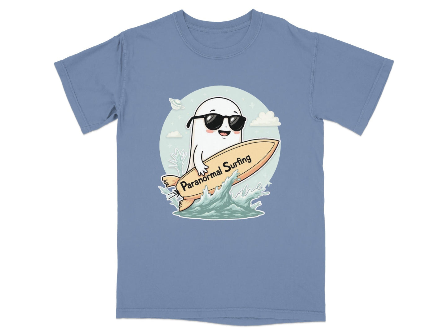 Paranormal Surfing Ghost with Sunglasses Graphic Tee Shirt - IconVexa