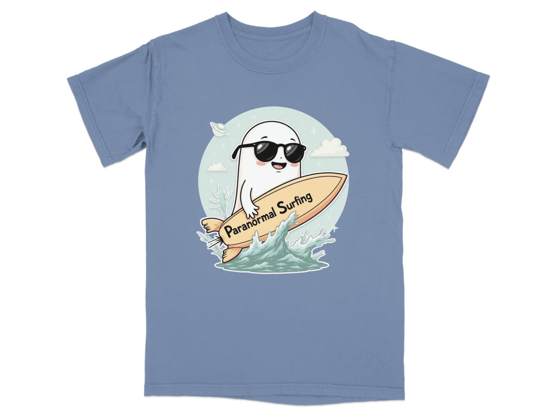 Paranormal Surfing Ghost with Sunglasses Graphic Tee Shirt - IconVexa