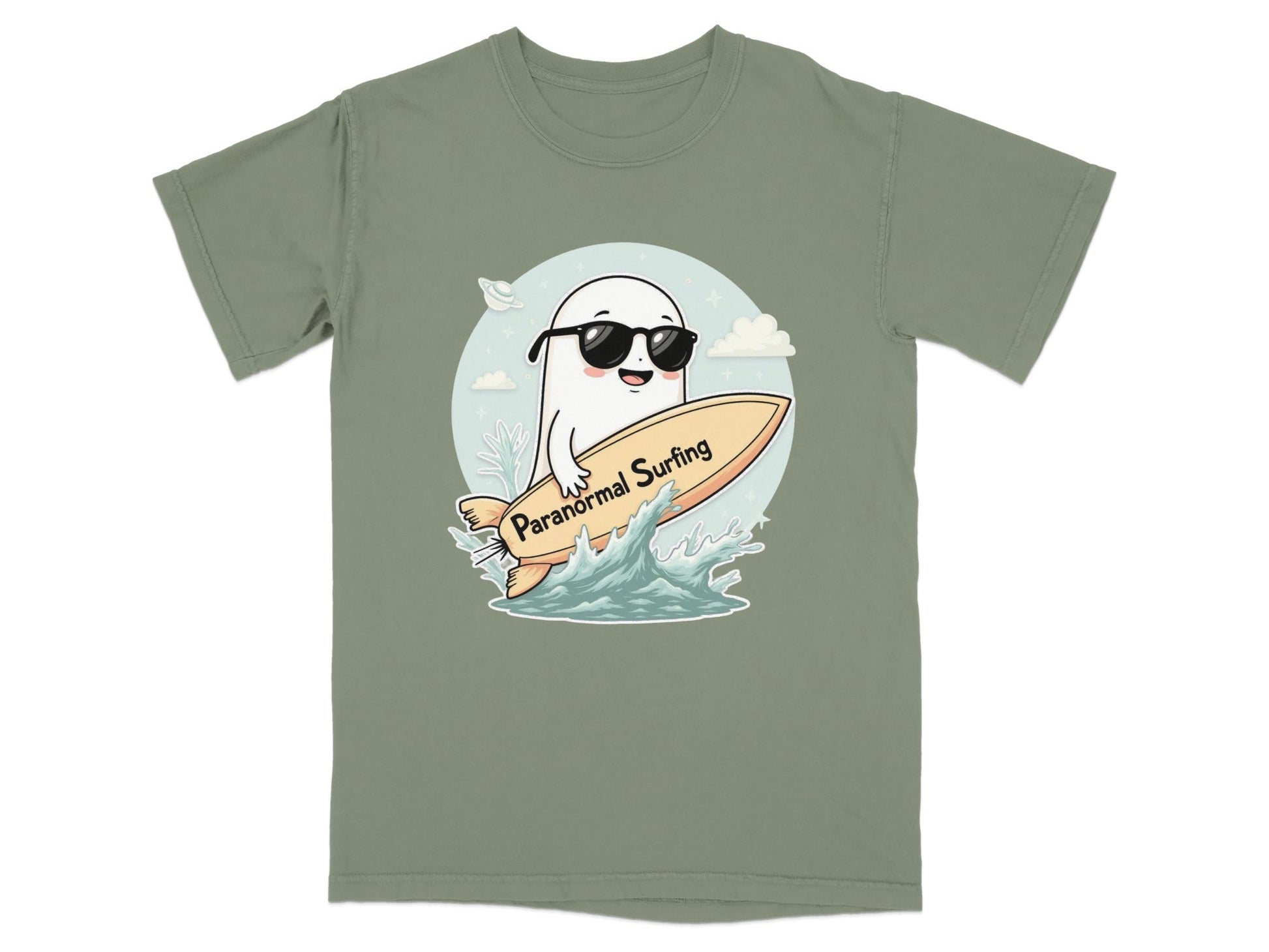 Paranormal Surfing Ghost with Sunglasses Graphic Tee Shirt - IconVexa