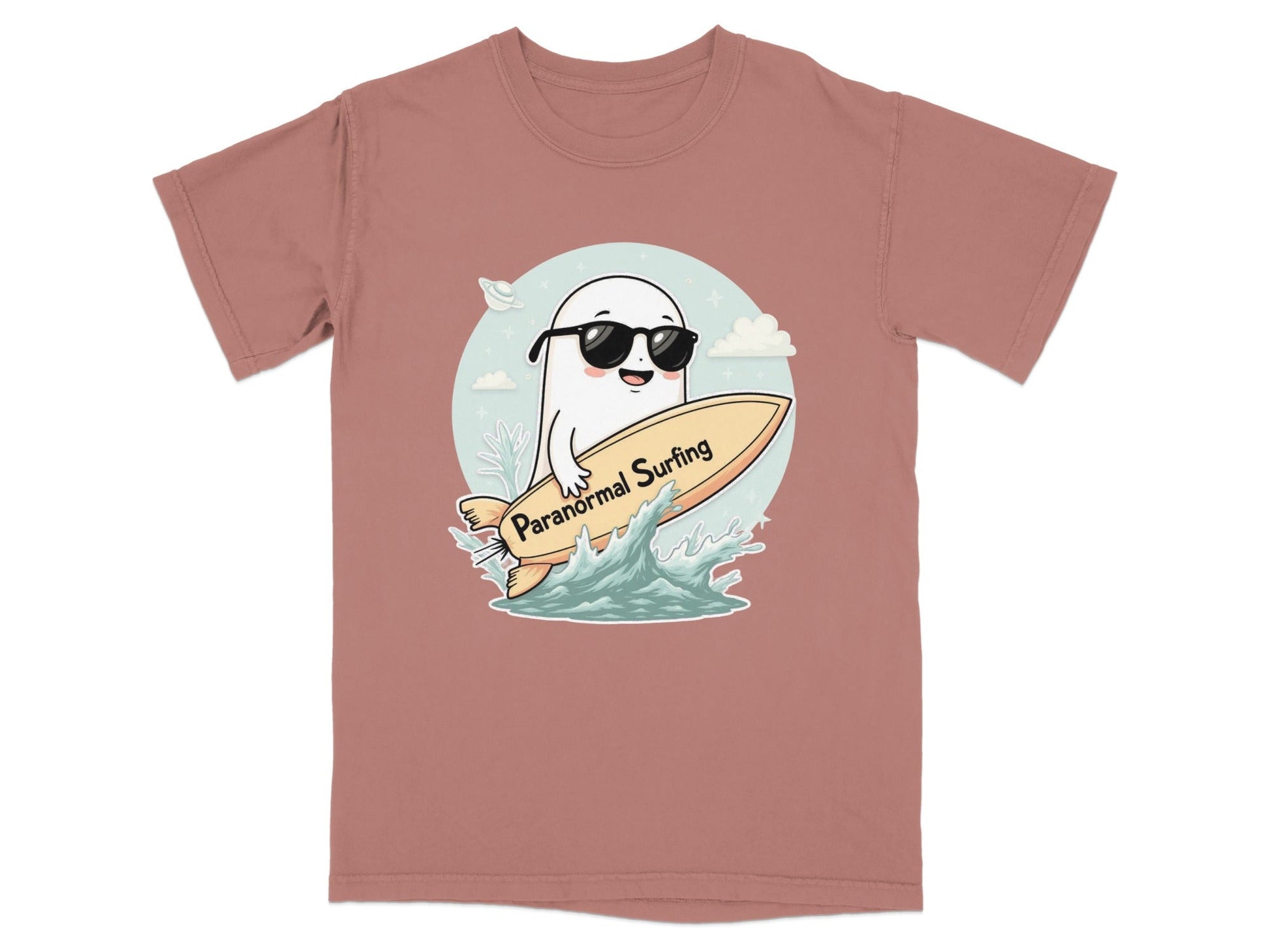 Paranormal Surfing Ghost with Sunglasses Graphic Tee Shirt - IconVexa