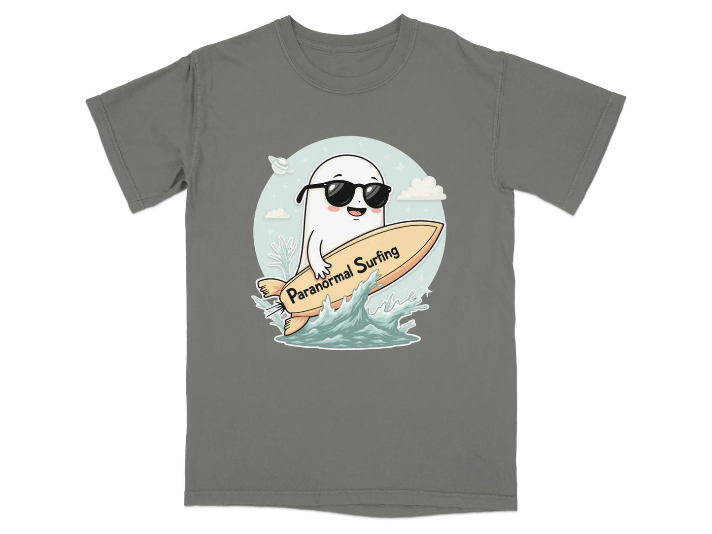 Paranormal Surfing Ghost with Sunglasses Graphic Tee Shirt - IconVexa