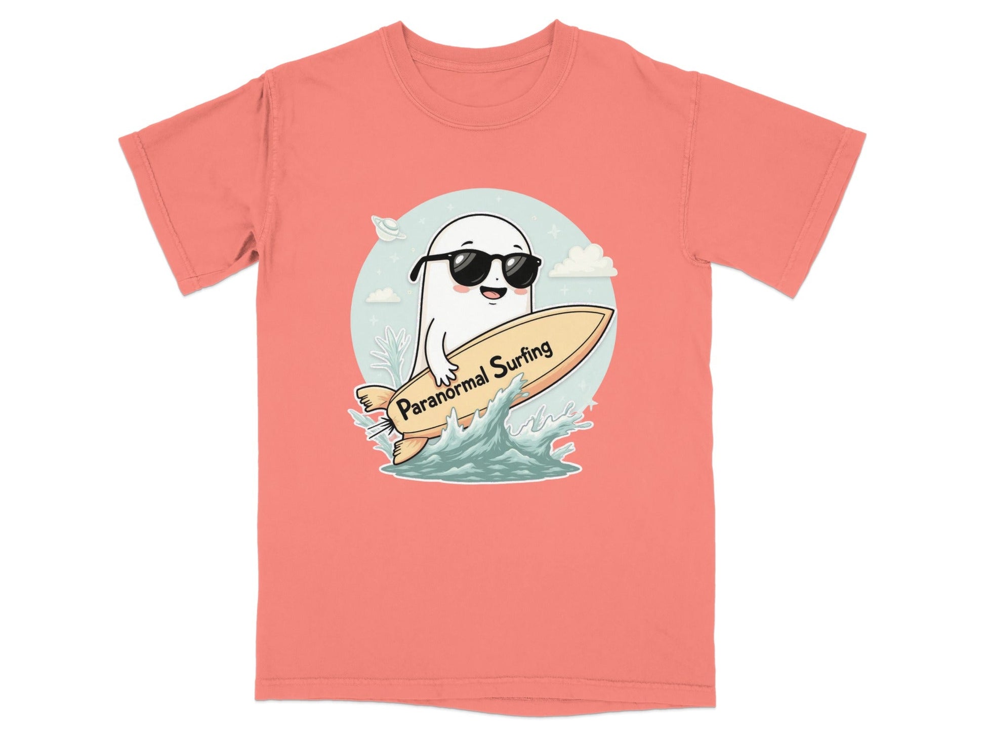 Paranormal Surfing Ghost with Sunglasses Graphic Tee Shirt - IconVexa