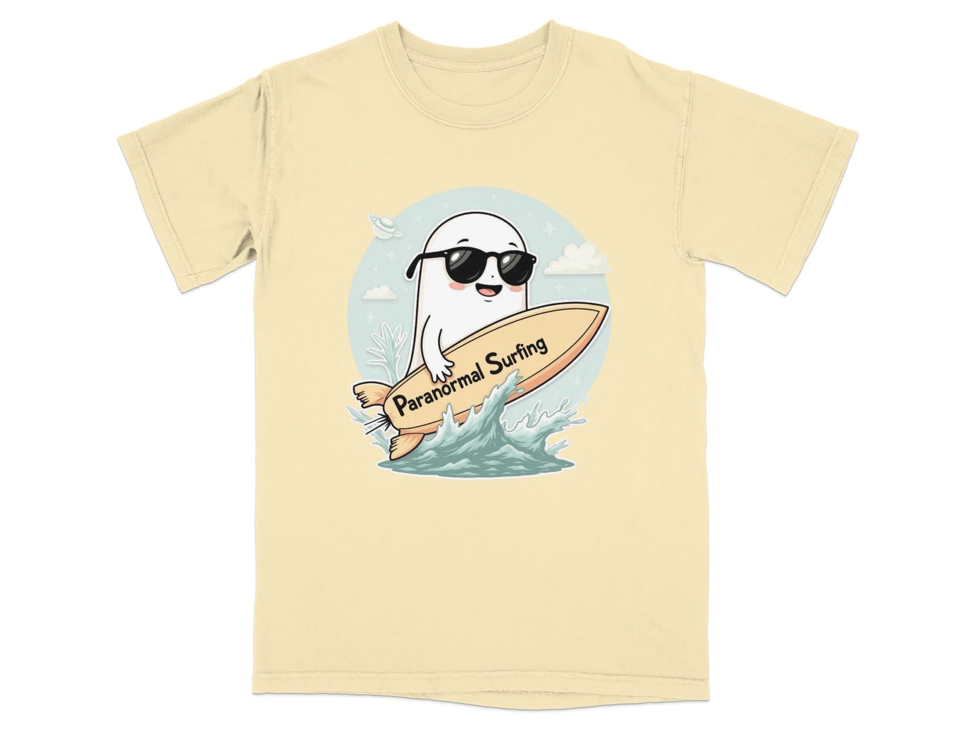 Paranormal Surfing Ghost with Sunglasses Graphic Tee Shirt - IconVexa