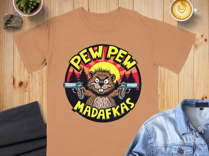 Pew Pew Madafakas Beaver T-Shirt, Funny Animal Tee, Novelty Graphic T shirt, Cartoon Beaver Shirt, Meme T Shirt, Gift Idea - IconVexa
