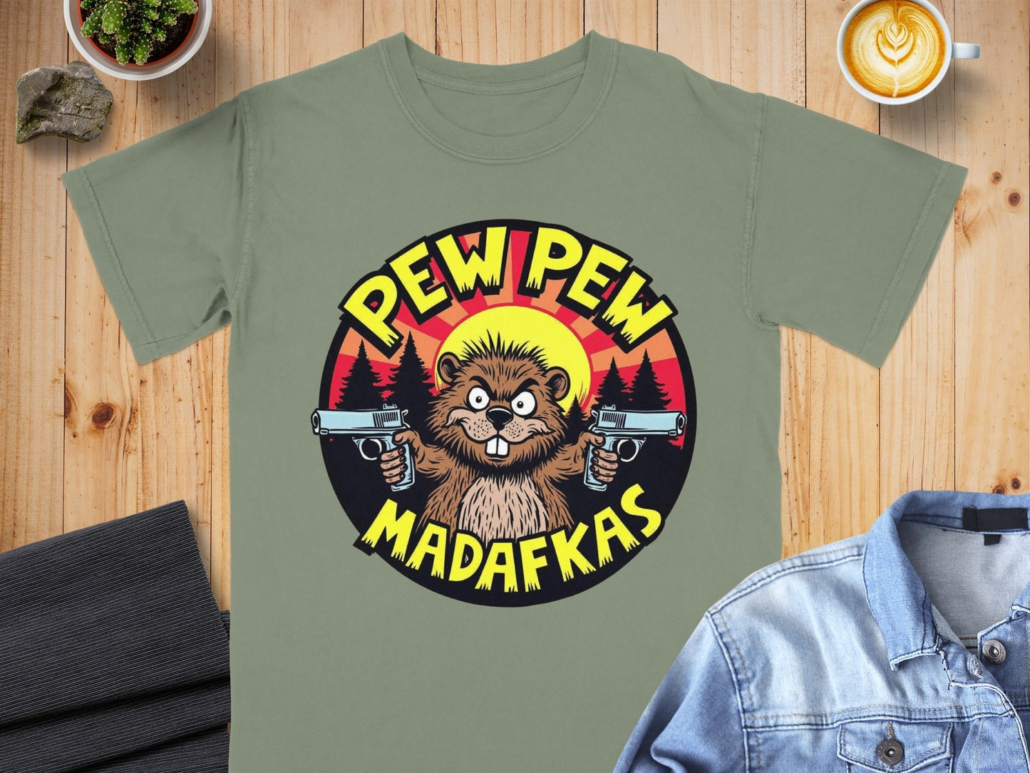 Pew Pew Madafakas Beaver T-Shirt, Funny Animal Tee, Novelty Graphic T shirt, Cartoon Beaver Shirt, Meme T Shirt, Gift Idea - IconVexa