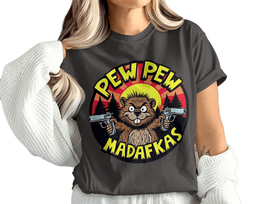 Pew Pew Madafakas Beaver T-Shirt, Funny Animal Tee, Novelty Graphic T shirt, Cartoon Beaver Shirt, Meme T Shirt, Gift Idea - IconVexa