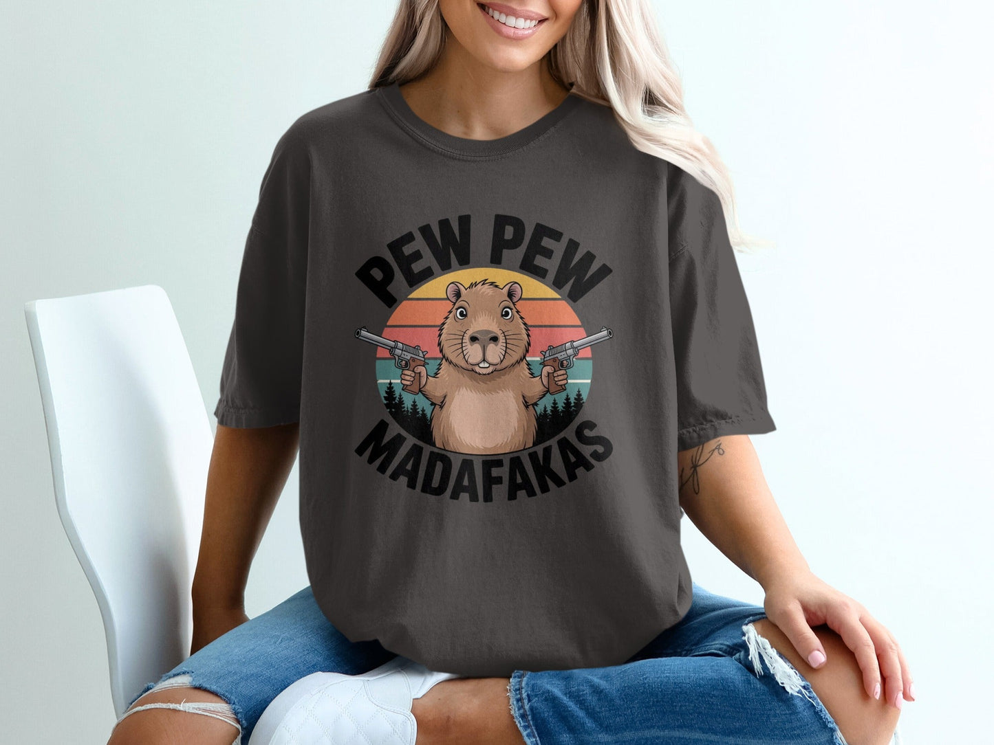 Pew Pew Madafakas Capybara T-Shirt, Funny Animal Tee, Meme Shirt, Sarcastic Shirt, Gift for Capybara Lover, Capybara Gangster Shirt - IconVexa
